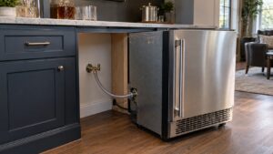 An undercounter ice machine in a home bar with a water supply line visible behind it