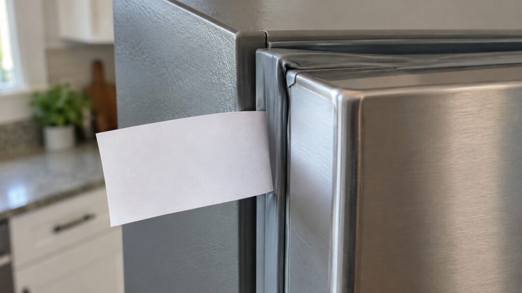 A close-up of a refrigerator gasket corner with a strip of paper held in the closed door