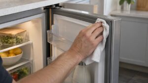 A hand wiping the door gasket of an undercounter refrigerator with a soft cloth