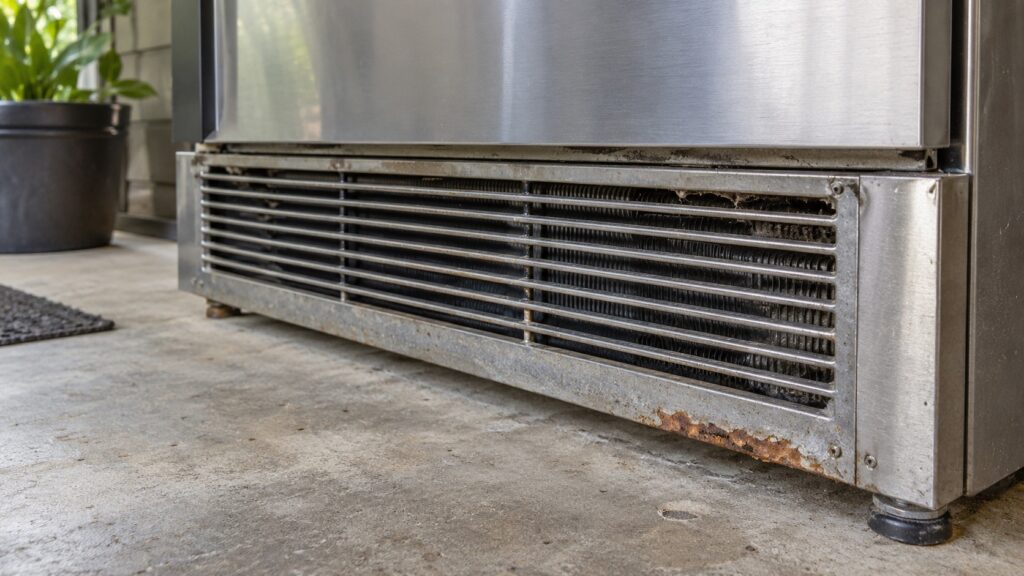 The weathered base of an outdoor refrigerator showing the condenser grille and a patch of surface rust