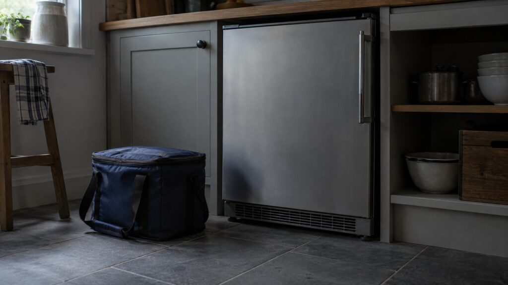 A small cooler bag standing next to an undercounter unit during a power cut