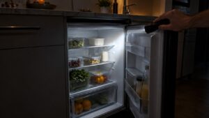 A dim kitchen lit by a flashlight showing the shelves of an undercounter refrigerator