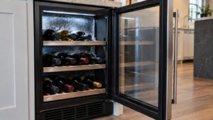 A wine cooler with bottles showing a light frost on the glass at the back