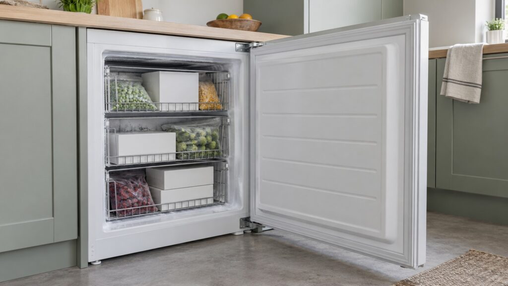 An open undercounter freezer with wire baskets holding boxes of frozen food