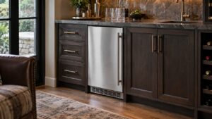 A narrow stainless undercounter freezer built into a bar cabinet in a home entertaining room