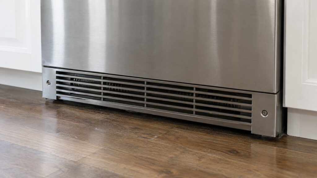 A close view of the vented grille across the bottom front of an undercounter refrigerator