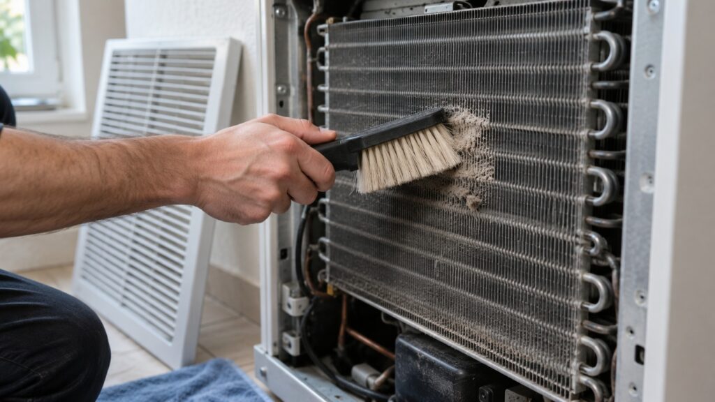 A soft brush cleaning dust from the metal fins of a condenser coil behind a removed front grille