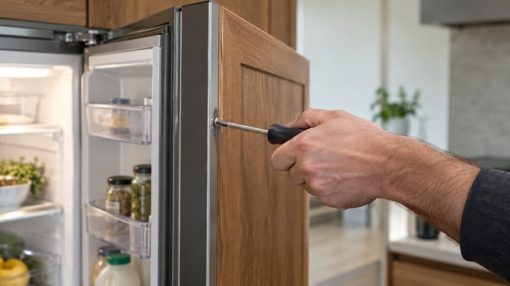 A hand tightening a screw at the edge of a wood panel mounted on an open refrigerator door