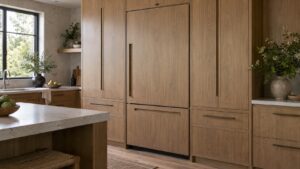 A refrigerator with a wood cabinet panel front sitting flush between matching kitchen cabinets
