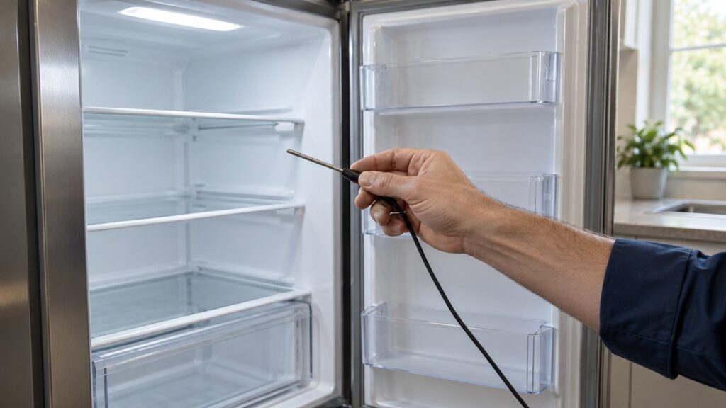 A technician hand holding a small temperature sensor beside an open refrigerator cabinet
