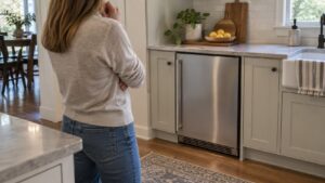 A stainless undercounter refrigerator in a kitchen with an owner standing back and looking at it thoughtfully