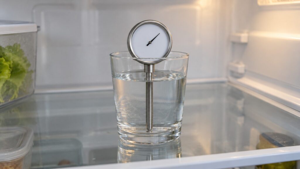 A small dial thermometer standing in a glass of water on a refrigerator shelf