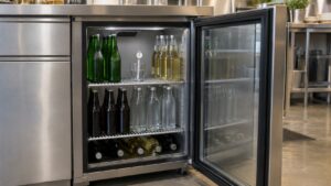 An undercounter refrigerator with its glass door open showing bottles on the shelves and a small thermometer standing in a glass