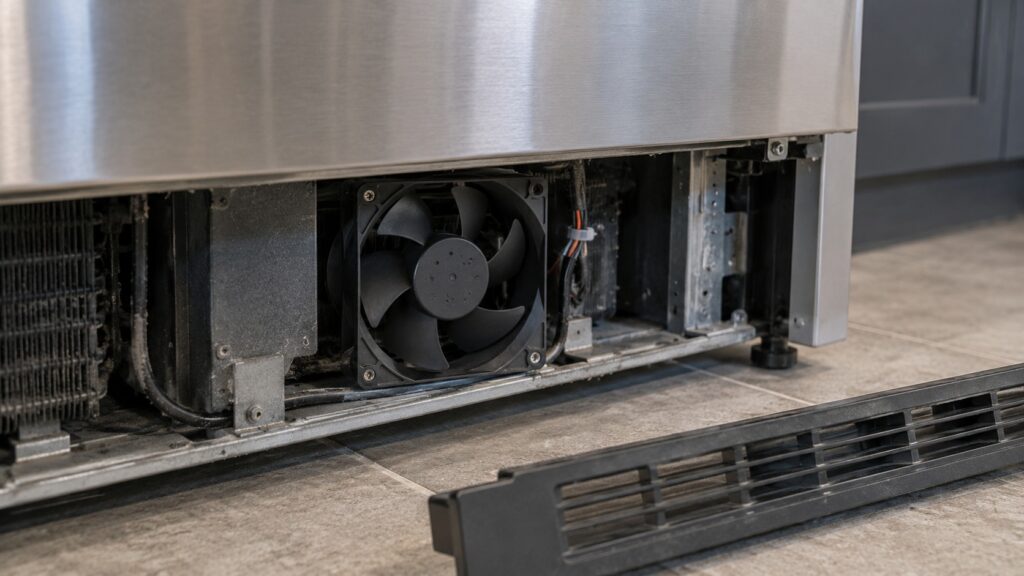 A small black fan with plastic blades behind a removed front grille at the base of an undercounter refrigerator