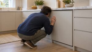 A built-in undercounter refrigerator in a quiet kitchen with a person leaning in to listen to it