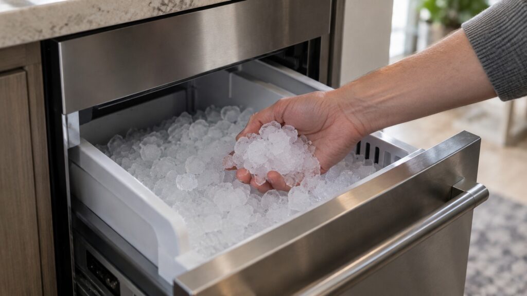 A hand scooping a handful of soft nugget ice from a pull-out ice bin of an under-counter ice machine