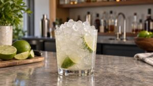 Nugget ice piled in a glass with a drink on a home bar counter, soft pebble-shaped pieces catching the light