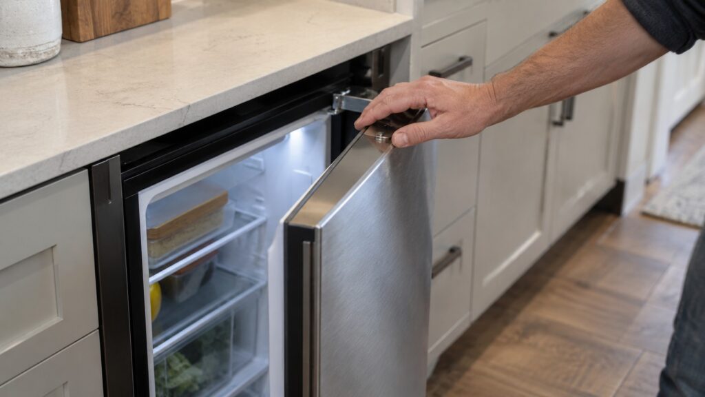 A hand resting on the upper hinge area of an under-counter refrigerator door, door partly open