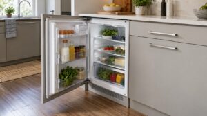 A built-in under-counter refrigerator in a kitchen run with its door standing open toward the left side