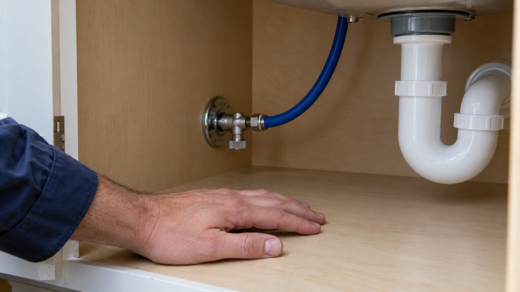 A hand resting beside a small blue water supply tube and shutoff valve under a kitchen counter
