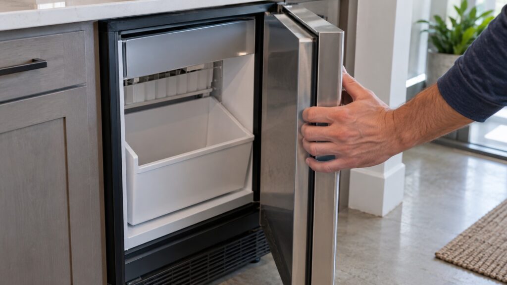 A hand gently closing the door of an under-counter ice machine, the empty ice bin visible inside
