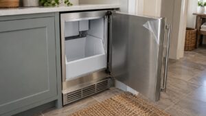 A brand new stainless under-counter ice machine set into a cabinet opening, door open, protective film peeling from the door, empty ice bin