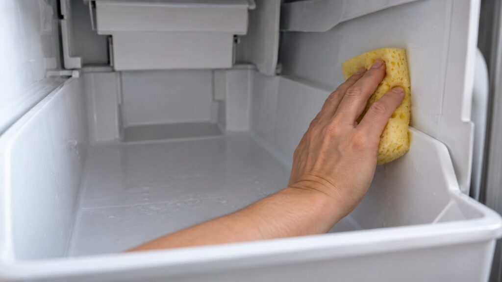 A hand with a soft sponge wiping the inside wall of an empty ice bin