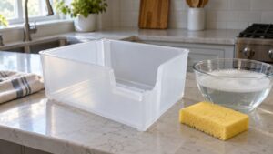 An empty ice storage bin sitting on a kitchen counter next to a soft sponge and a bowl of warm soapy water