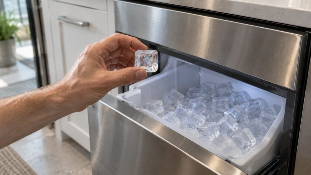 A hand holding a clear ice cube above the open ice bin of an under-counter clear ice machine