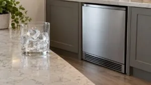 Clear, glass-like ice cubes in a tumbler next to an under-counter ice machine in a home bar