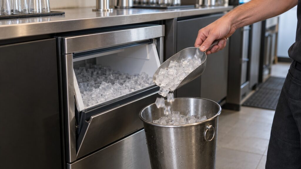 A hand pouring ice from the bin of an under-counter ice machine into an ice bucket
