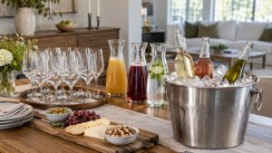 A party table set with drinks, glasses and a bucket of ice ready before guests arrive