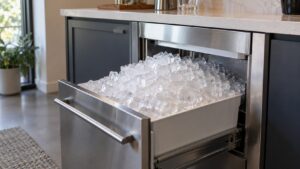 An under-counter ice maker with its bin overflowing, ice piled in a mound above the top edge of the bin